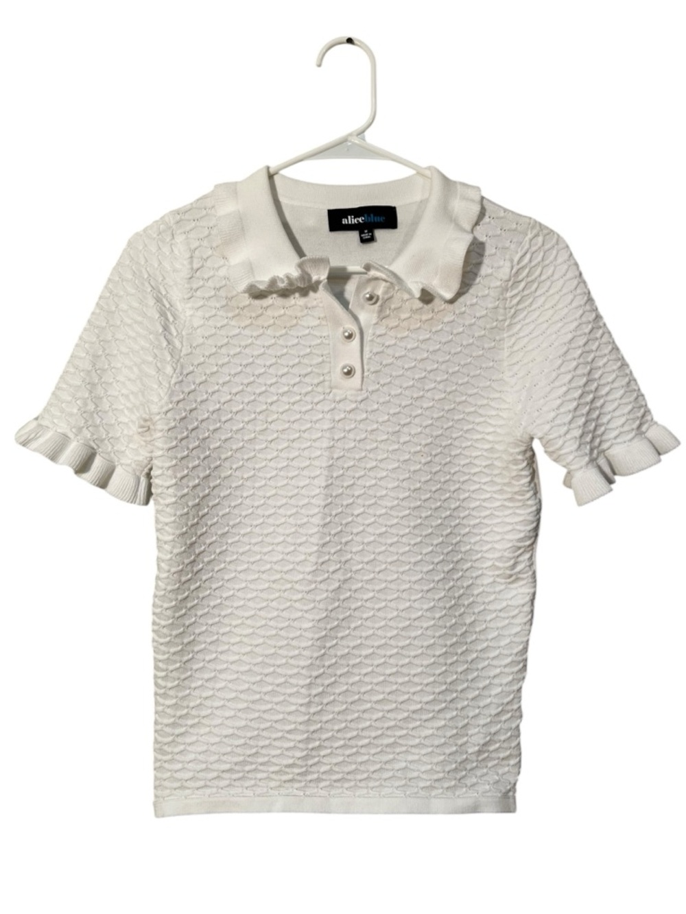 Aliceblue Knit Polo Shirt White Textured Pearl Button M